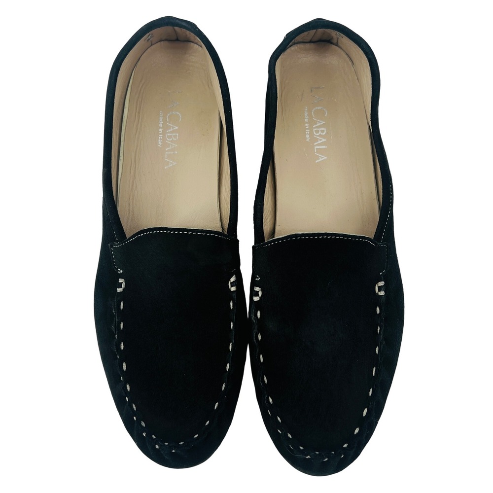 La Cabala Suede Loafers Womens 41 Black Whipstitch Italian Leather Flat Moccasin